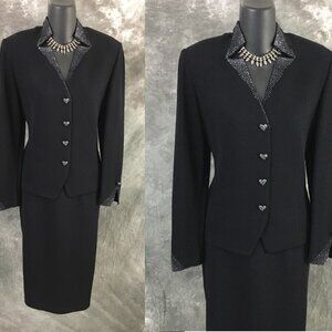 BEAUTIFUL St John evening knit black rhinestones embellished skirt suit 6 8